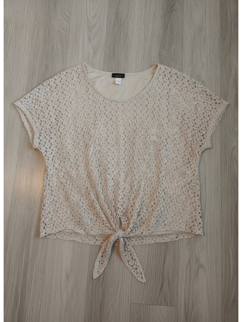 Brittany Black Beige Lace Overlay Tie-Front Top